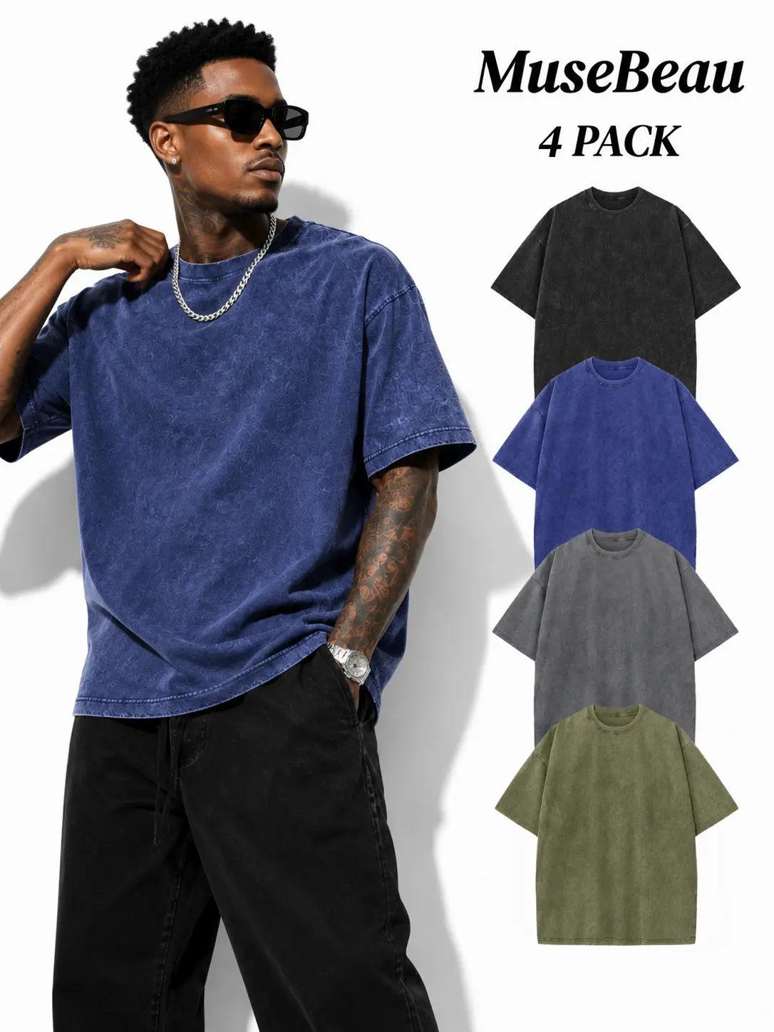 MUSEBEAU Men's 4-Pack Acid Wash Loose Fit 240g Heavyweight Vintage 100% Cotton T-Shirts - Unisex Plain Shortsleeve Womenswear Clothes, Soft Breathable Retro Streetwear Tops for Everyday Wear,Summer Outfit,Gym Workout Crewneck Oversized Casual Menswear