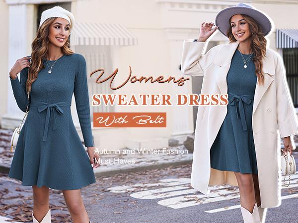 Women's Long Sleeve Dress Crewneck Pullover Sweaters A-Line Casual Swing Dress Bodycon Dress with Belt Thick Suitable for Fall and Winter