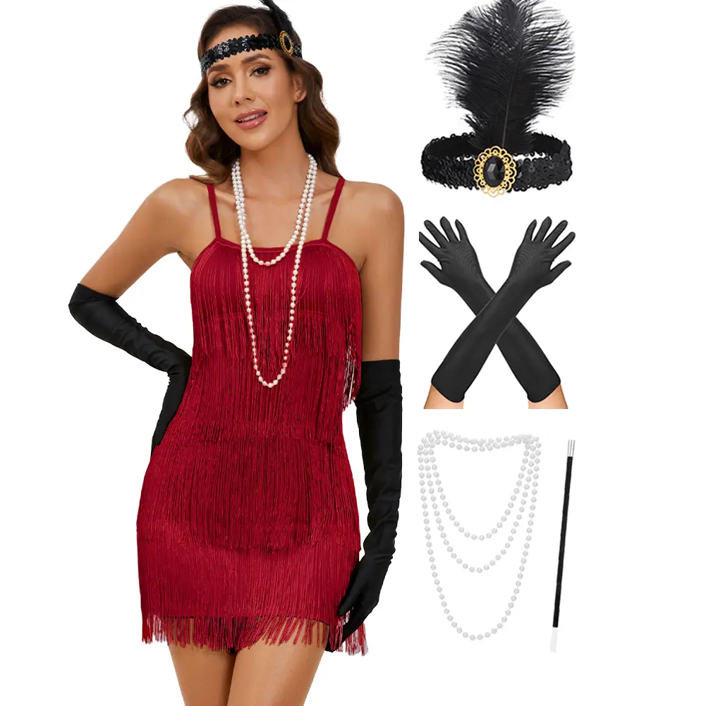Women's 1920s Vintage Flapper Slip Dress Costume Set - 100% Polyester, Wrinkle Resistant, Wipe Clean Casual Gatsby Outfit with Gloves, Cigarette Holder, Headband & Accessories for Halloween, Speakeasy Events DTY
