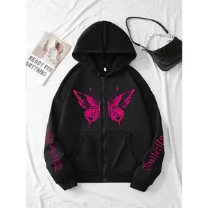 Women's Butterfly Print Fleece-Lined Hooded Jacket - Black with Pink Graphic, Zipper Front & Drawstring Hood, Long Sleeve Casual Coat with Side Pockets, Machine Washable Autumn Winter Warmth, Cozy Lounge Attire, Durable Fabric, Outdoor Comfort, Trendy Ou