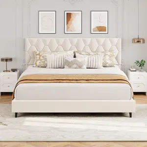 Beige Bed Frame King Size with Adjustable Headboard, Upholstered Platform Bed with Sturdy Wood Slats Support, No Box Spring Needed, Easy Assembly