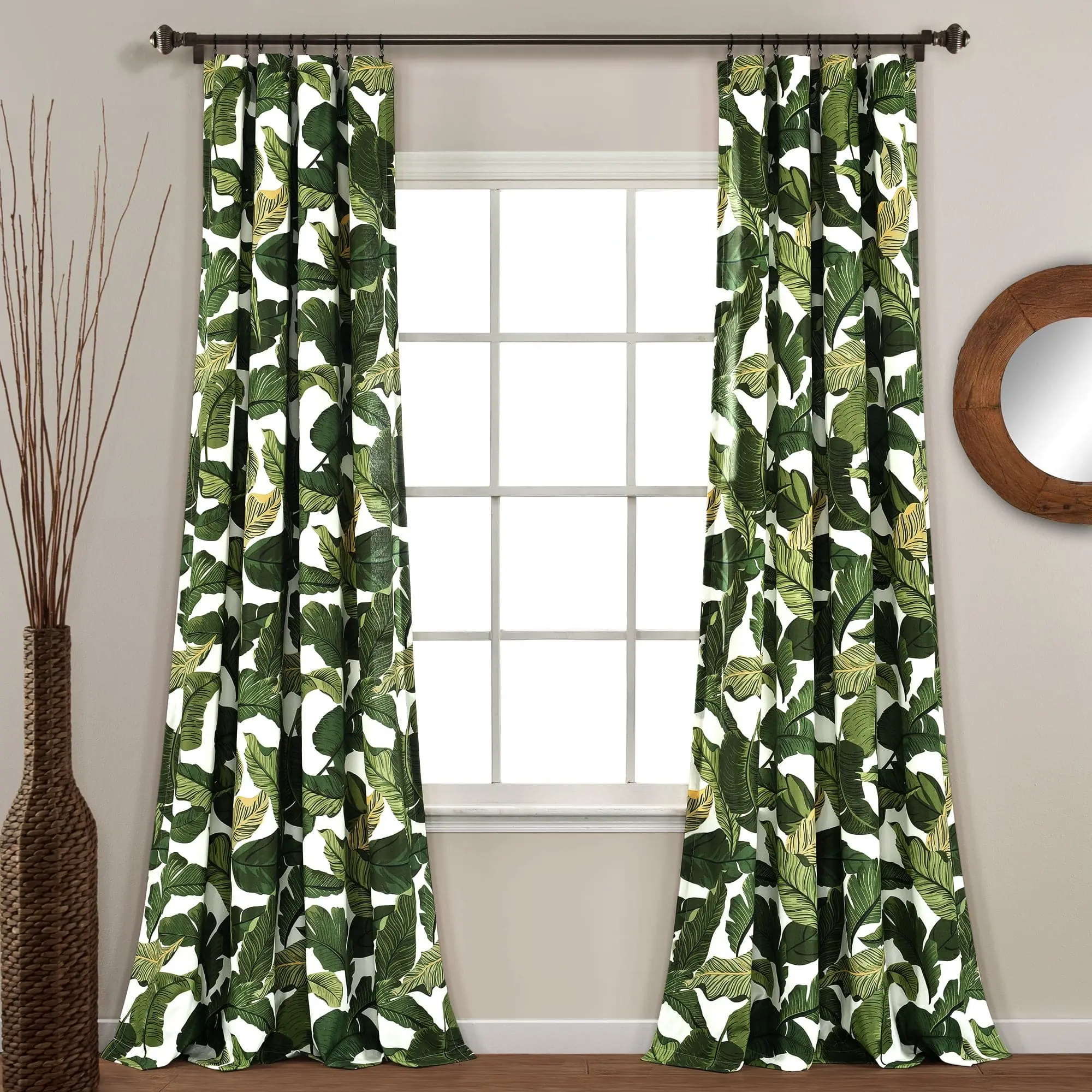 Lush Decor Tropical Paradise Easy Install Curtain Panel Set, 52"W x 63"/84"/95"/108" Colorful Banana Leaves Pattern, 100% Polyester Unlined, Machine Washable, Bedroom Decor & Living Room Decorations Accent