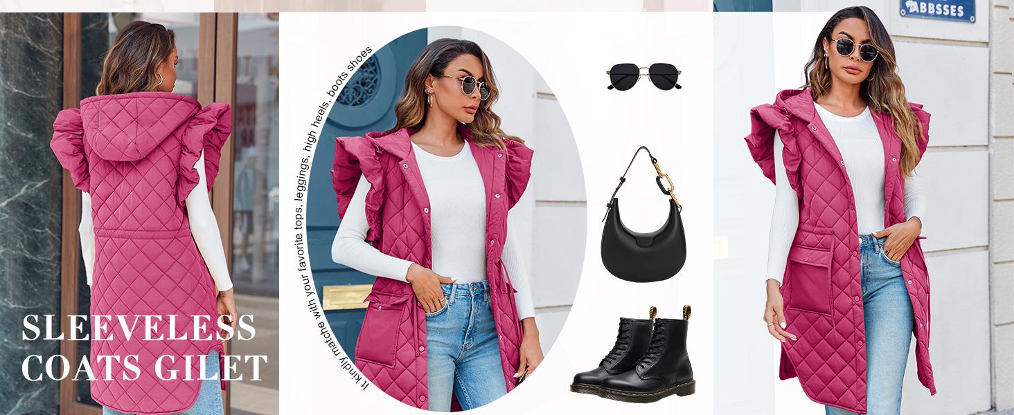 Tankaneo Womens Long Puffer Vest Ruffle Sleeve Winter Coats Hood Sleeveless Quilted Jackets Outwear