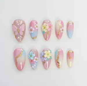 Pastel Butterfly Press On Nails Almond Shape with 3D Flowers and Gold Foil, Pink Blue Gradient Spring Summer Reusable Nail Art Set