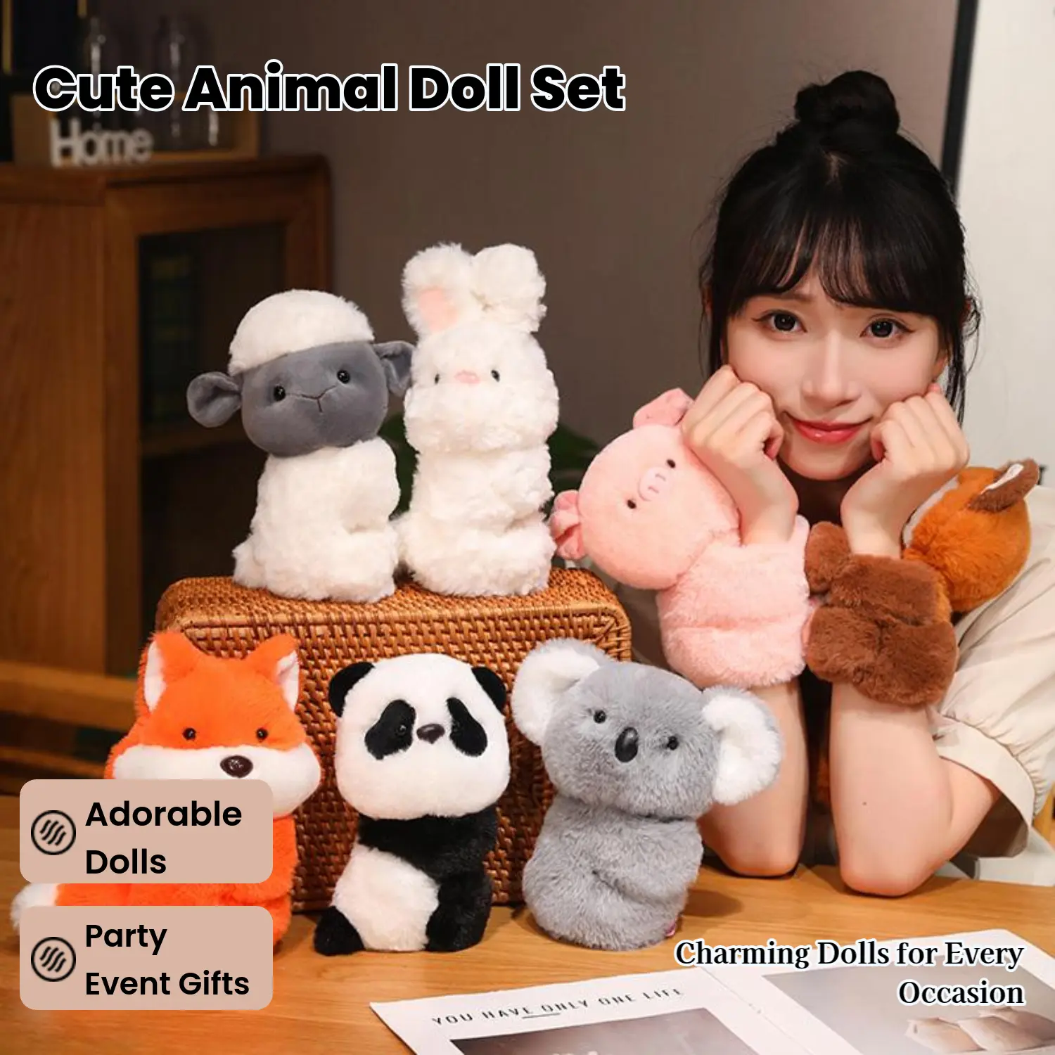 Fluffy Fabric Small Animal Stuffed Toys - Cartoon Raccoon,Fox,Koala,Panda,Rabbit Shapes with Fidget Rings,Bracelets,Seatable Decorative Carrying Plushies,Fidget Toys,Animal Dolls for Kids,Birthday Gifts,Party Decor