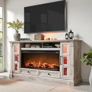 OKD 70" Wall-Mounted Rustic TV Stand – 42" Electric Fireplace, 2 Glass Cabinets & 2 Drawers, Open Shelves, Farmhouse Entertainment Center / Media Console for Living Room