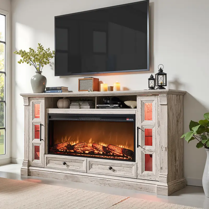 OKD 70" Wall-Mounted Rustic TV Stand – 42" Electric Fireplace, 2 Glass Cabinets & 2 Drawers, Open Shelves, Farmhouse Entertainment Center / Media Console for Living Room