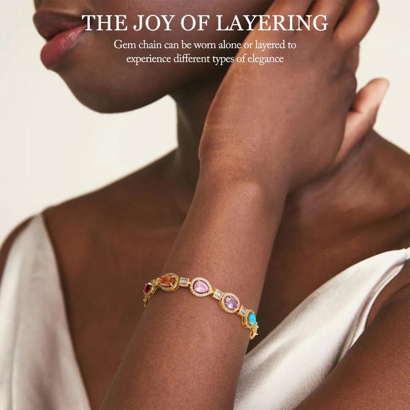 Turandoss 14K Gold Plated Gemstone Tennis Bracelet, Adjustable Colored Multi-Gem Bracelet for Women, Valentine’s Gift, Plus Size Friendly