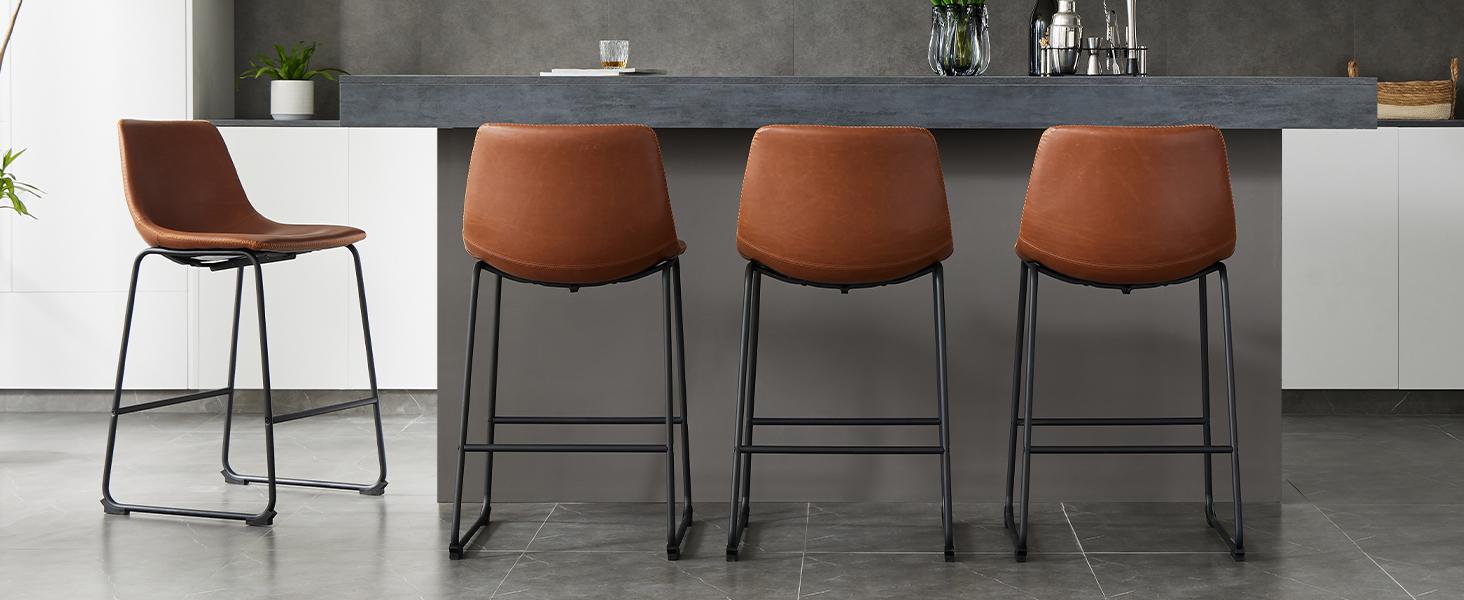 Counter Height Bar Stools, 26 inch Dining Chairs with Metal Legs and Footrest, Modern Faux Leather Barstools for Kitchen Island