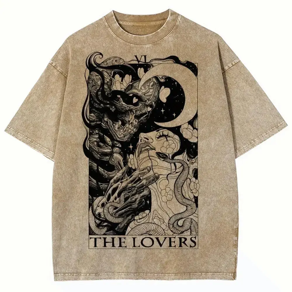 Men's Vintage Tarot Card Graphic Oversized Short-Sleeve T-Shirt - Washed Combed Cotton, USA-Made, Ribbed Round Neck, Streetwear Casual Top, Back to School Jujutsu Kaisen Menswear