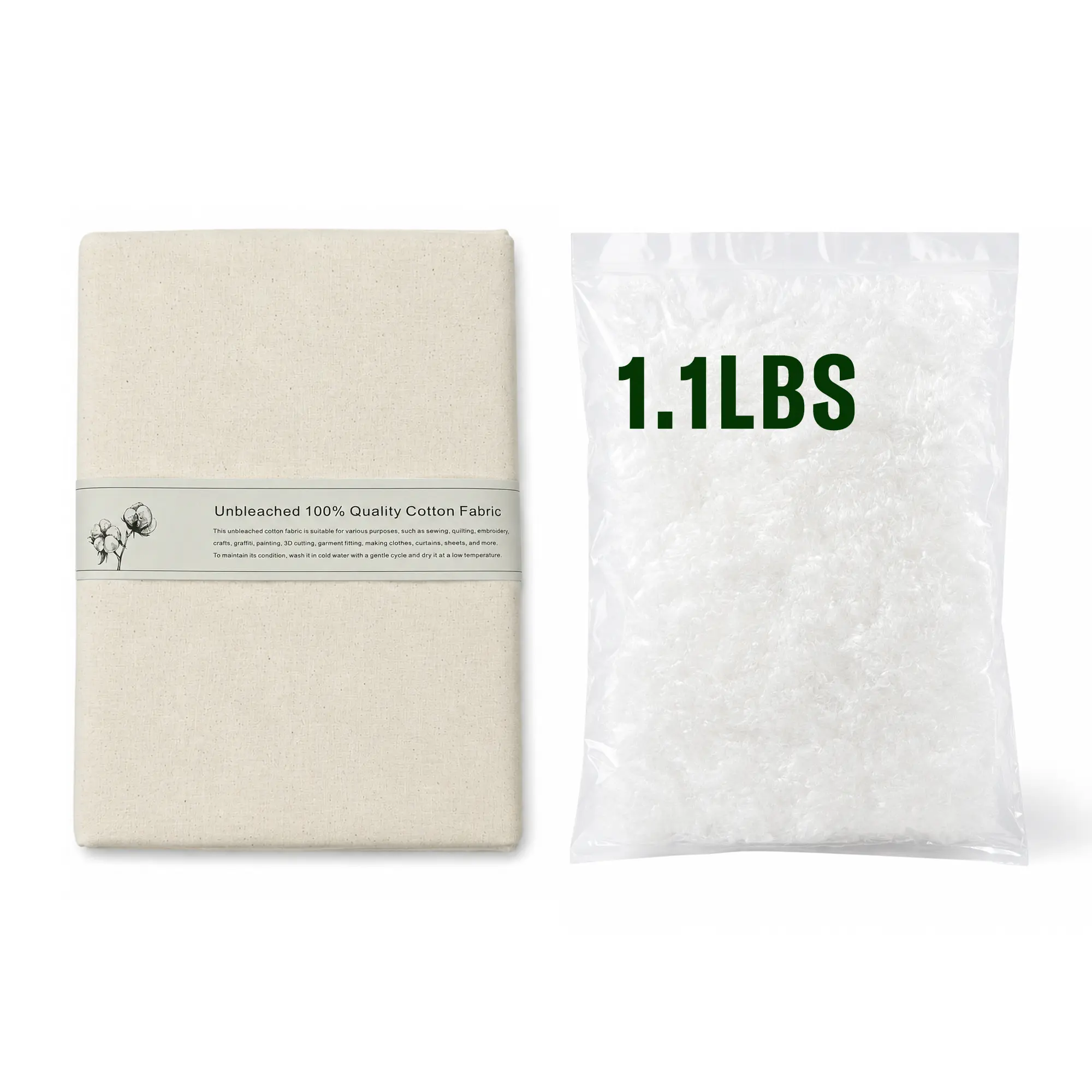 Unbleached 100% Cotton Muslin Fabric 60" Width x 1 Yard With 1.1 LBS Lump-Free Vacuum Sealed Polyester Stuffing For Pillows, Cushions & DIY Sewing Crafts