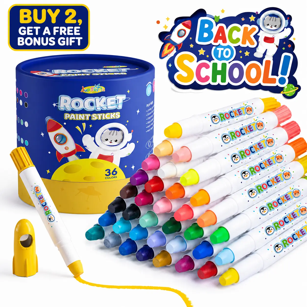 JUPITEARTH 36-Color Rocket Tempera Gouache Paint Sticks for Kids, Jumbo Easy-Grip Silky Crayons, Non-Toxic Washable Oil Pastels for Toddlers, Back to School Shopping Art Supplies with 120-Page PDF Coloring Book 02, Gouache Paint Set, Bright Coloring Kit
