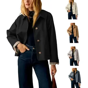 UANEO Womens Cropped Trench Coat Classic Collar Oversized Casual Jackets with Checkered Lining