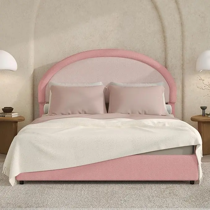 Round Boucle Upholstered Platform Bed