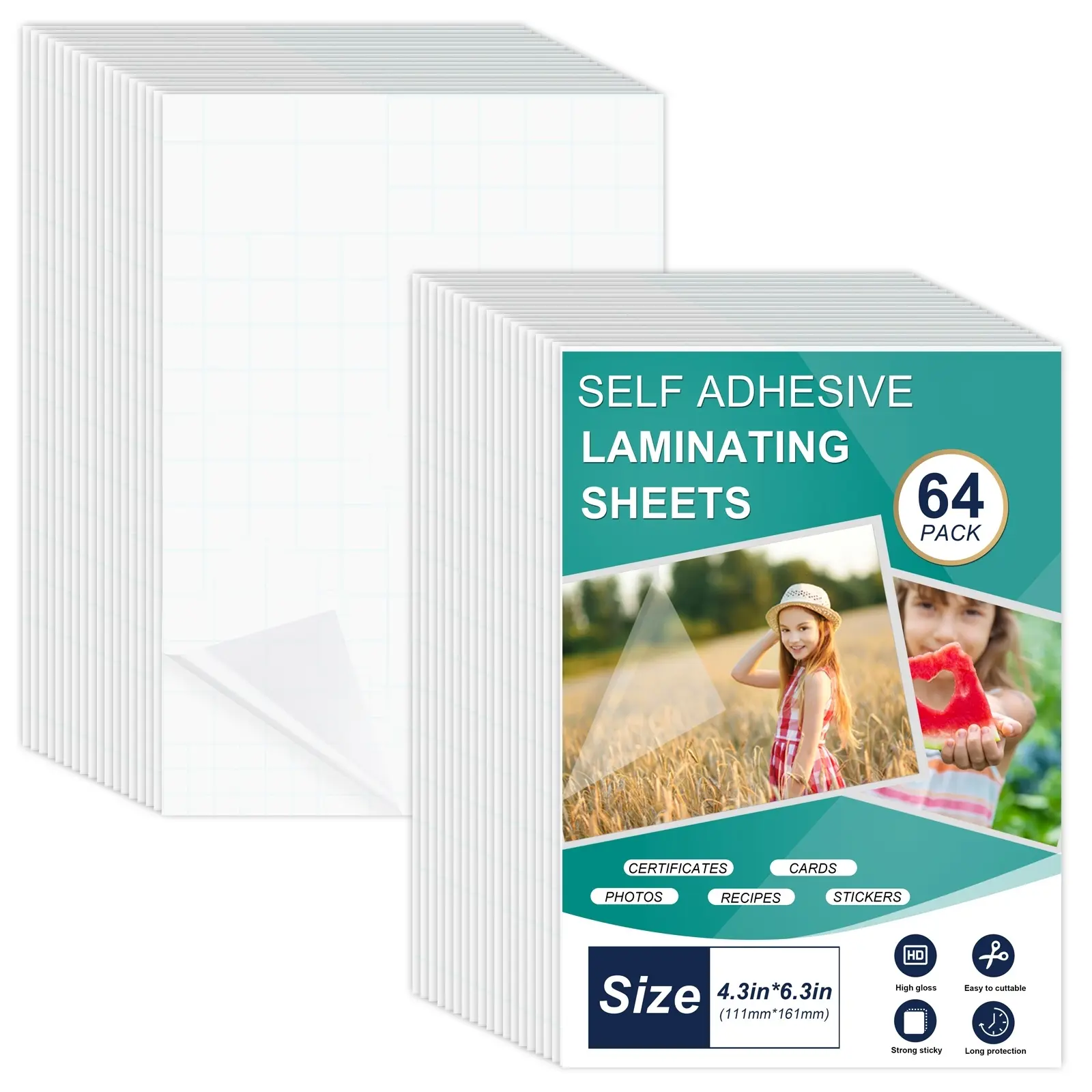 64 Sheets Self Seal Laminating Pouches 4x6 Inch, Self Adhesive Laminating Sheets, Clear Laminate Sheets for Stickers, Cards, Clear Adhesive Sheets, Durable Protection, Strong Sticky, Easy To Cut, Size