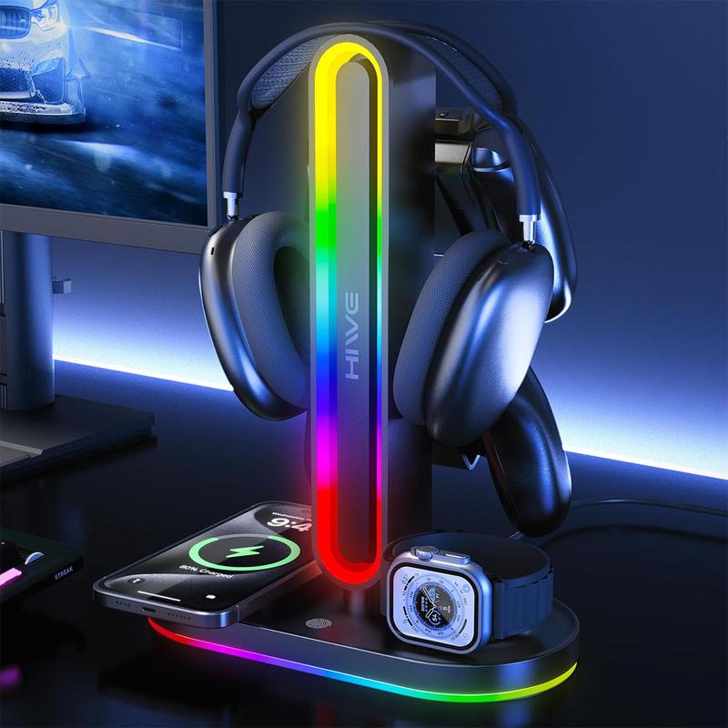 HiWe Universal RGB Gaming Headphone Stand with 2 Controller Holder, Wireless Charger for iPhone/iWatch, Non-Slip Base, with USB-A & USB-C Outputs HiWe Universal RGB Gaming Headphone Stand with 2 Controller Holder, Wireless Charger for iPhone/iWatch, Non-Slip Base, with USB-A & USB-C Outputs