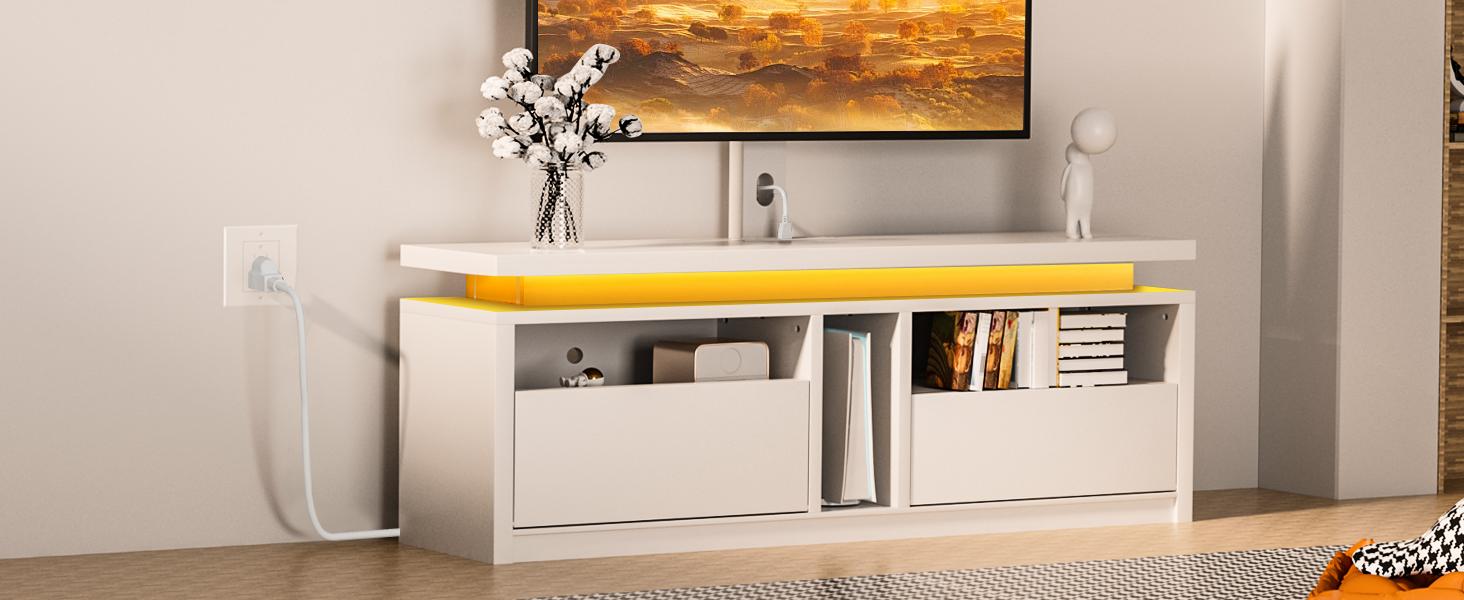 HOOBRO TV Stand with Mount, Swivel TV Stand Mount for 75 inch TV, Entertainment Center with Power Outlet, Height Adjustable TV Console with Flip Down Drawer for Living Room, Bedroom, White