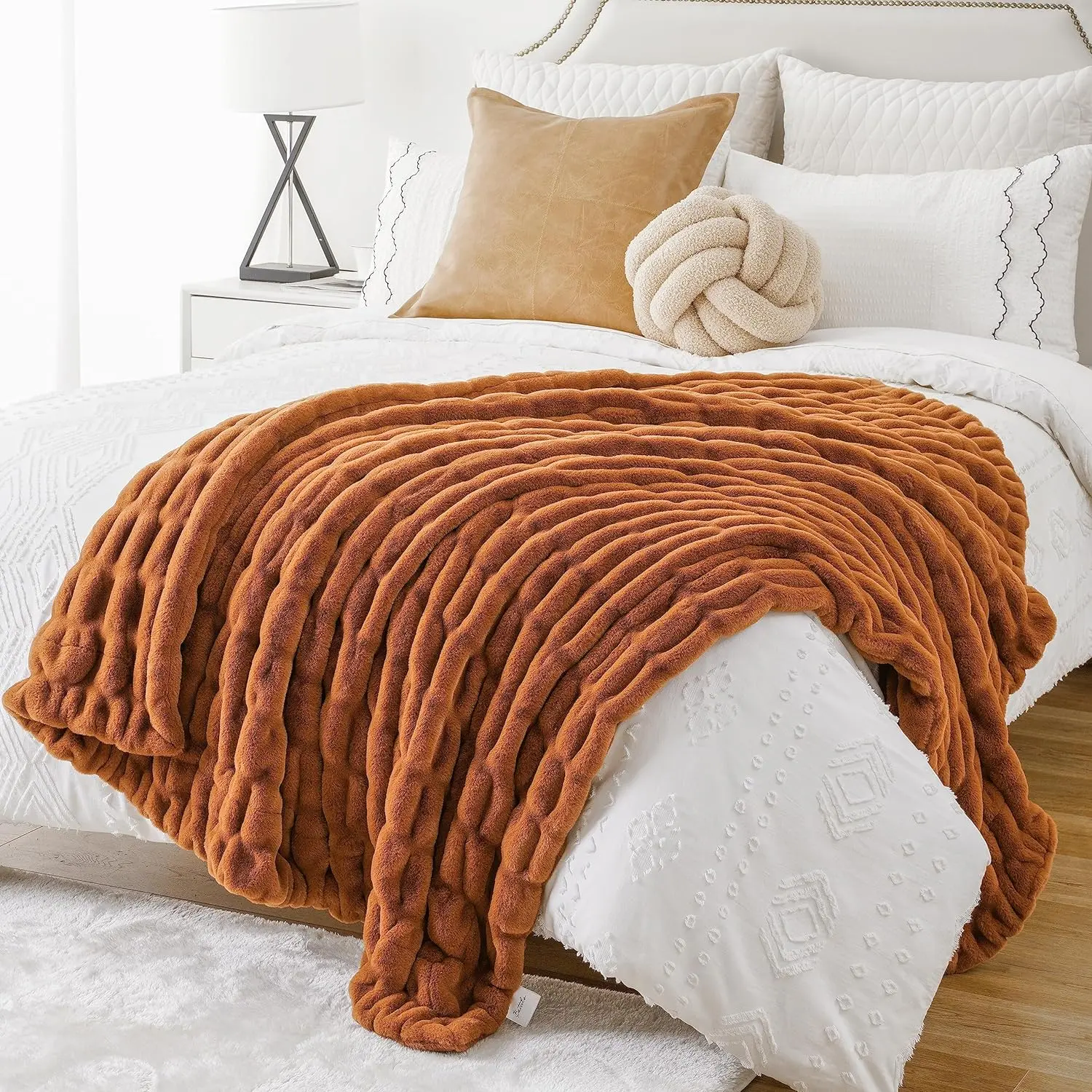 Battilo I Orange Faux Fur Throw Blanket - Soft Comfy, Feel Cosy, Double-Side Ruched Reversible, 50x60in Giftable Blanket for Bed, Giftable Blankets
