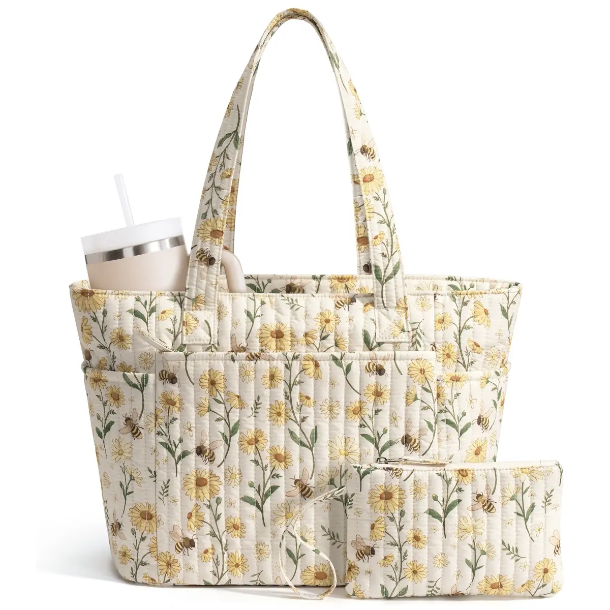 Bagstellar Women's Cotton Soft Commuter Business Style Tote - Full-closure Zipper, 18L High Capacity Storage, 14" Laptop-compatible, Lightweight Quilted Shoulder Design with Matching Cosmetic Pouch (Everyday Gift for Adulting Women), Soft Commuter Tote