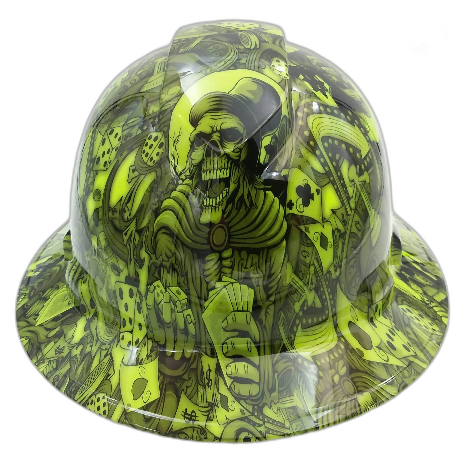 Lime Gambling Skeleton & Cards - Custom Hydro Dipped Full Brim Hard Hat
