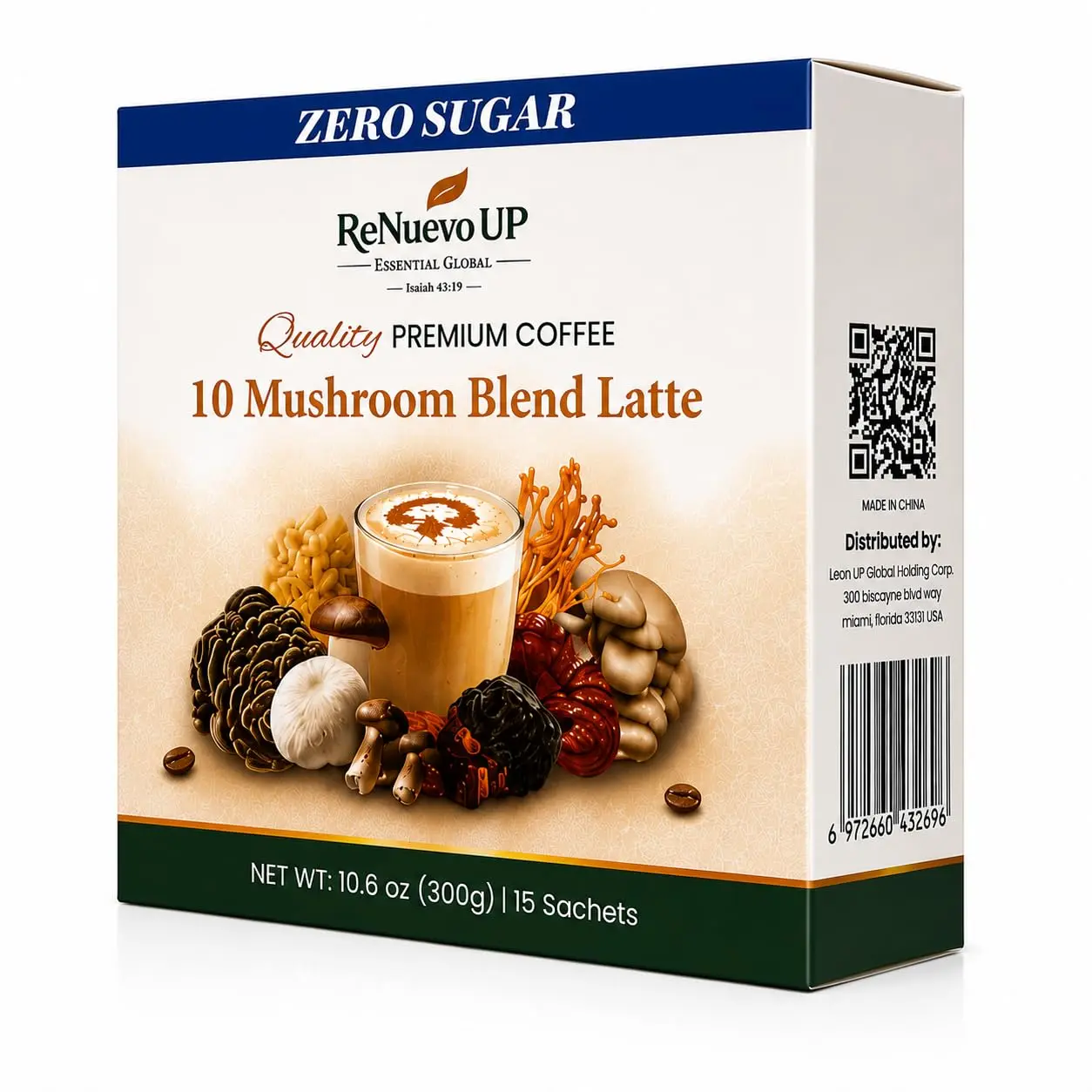 ReNuevo UP Premium Instant 10-Mushroom Blend Coffee Latte, 0 Sugar, Coconut Milk Powder & Stevia Infused, 15 Sachet Mushroom Coffee Packets, Zero Sugar