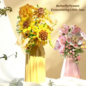 Micro Brick Miniature Flower Vase Building Set - Tiny Rose & Sunflower Kit, Unique Father's Day Gift, Stress Relief Desk Toy for Home/Office, Adult Creative Art Kit