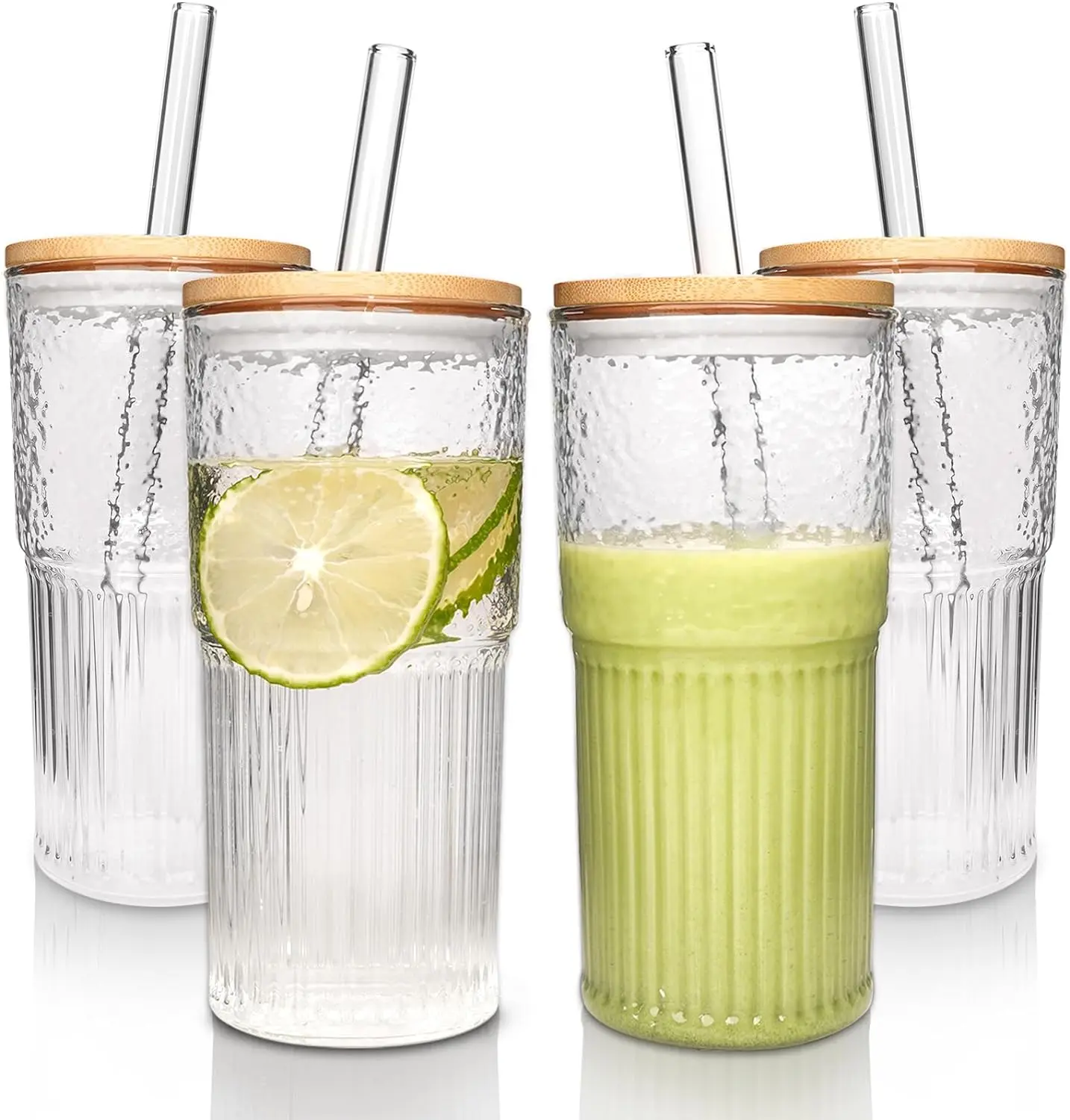 Home essentials Back to School 22oz Glass Cups with Lids and Straws - Coffee Cups Gifts for Women Drinking Glasses Iced Smoothie Cup Glass Tumbler Water Glasses Ribbed Glassware Clear Cups,for Christmas Deals,Glass Bottles with Lids