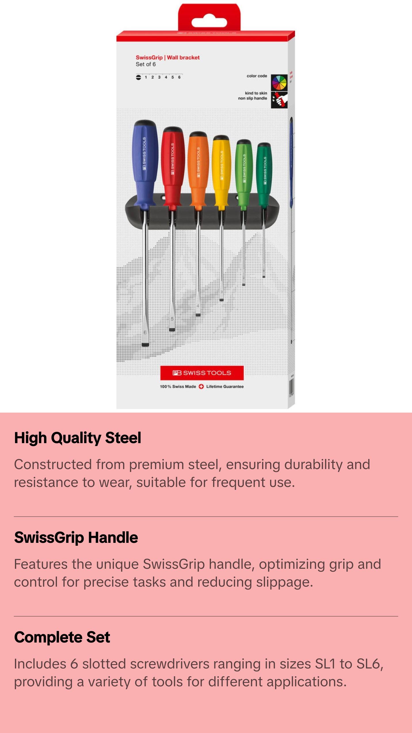 PB Swiss Tools PB 8240.RB CBB Rainbow SwissGrip Screwdriver Set, Slotted, 6 pcs w/ Wall Mount