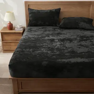 BEDELITE Velvet Fitted Sheet and Pillowcases Set Luxury Soft Fuzzy Bottom Sheet with Reinforced Elastic Corner Straps Deep Pocket up to 15 Inch 1 Fitted Sheet and Pillowcases Black Twin Full Queen King Cal King Sizes Valentine's Day gift