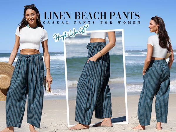 TARSE Womens Linen Blend Wide Leg Pants Casual Comfy Oversized Loose Fit Printed Summer Beach Travel Vacation Palazzo Trousers with Pockets TARSE Womens Linen Blend Wide Leg Pants Casual Comfy Oversized Loose Fit Printed Summer Beach Travel Vacation Palazzo Trousers with Pockets