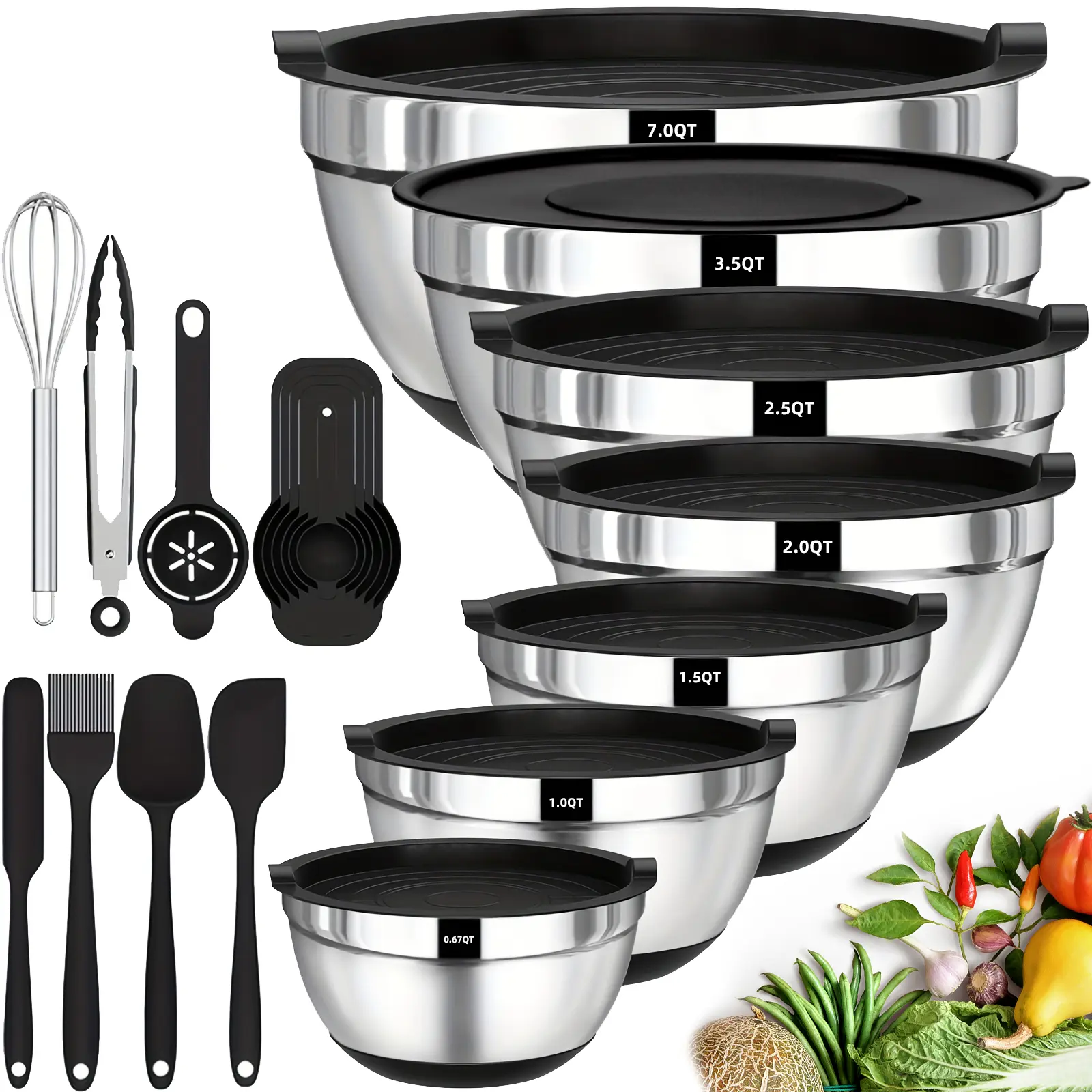 Classic Ergonomic Stainless Steel Multi-Size Nesting Mixing Bowl Set - 20-Piece Tableware with Airtight Lids, Non-Slip Silicone Bottoms, BPA-Free, Eco-Friendly, Dishwasher Safe (0.67QT,1QT,1.5QT,2.0QT,2.5QT,3.5QT,7QT) for Home Cooking