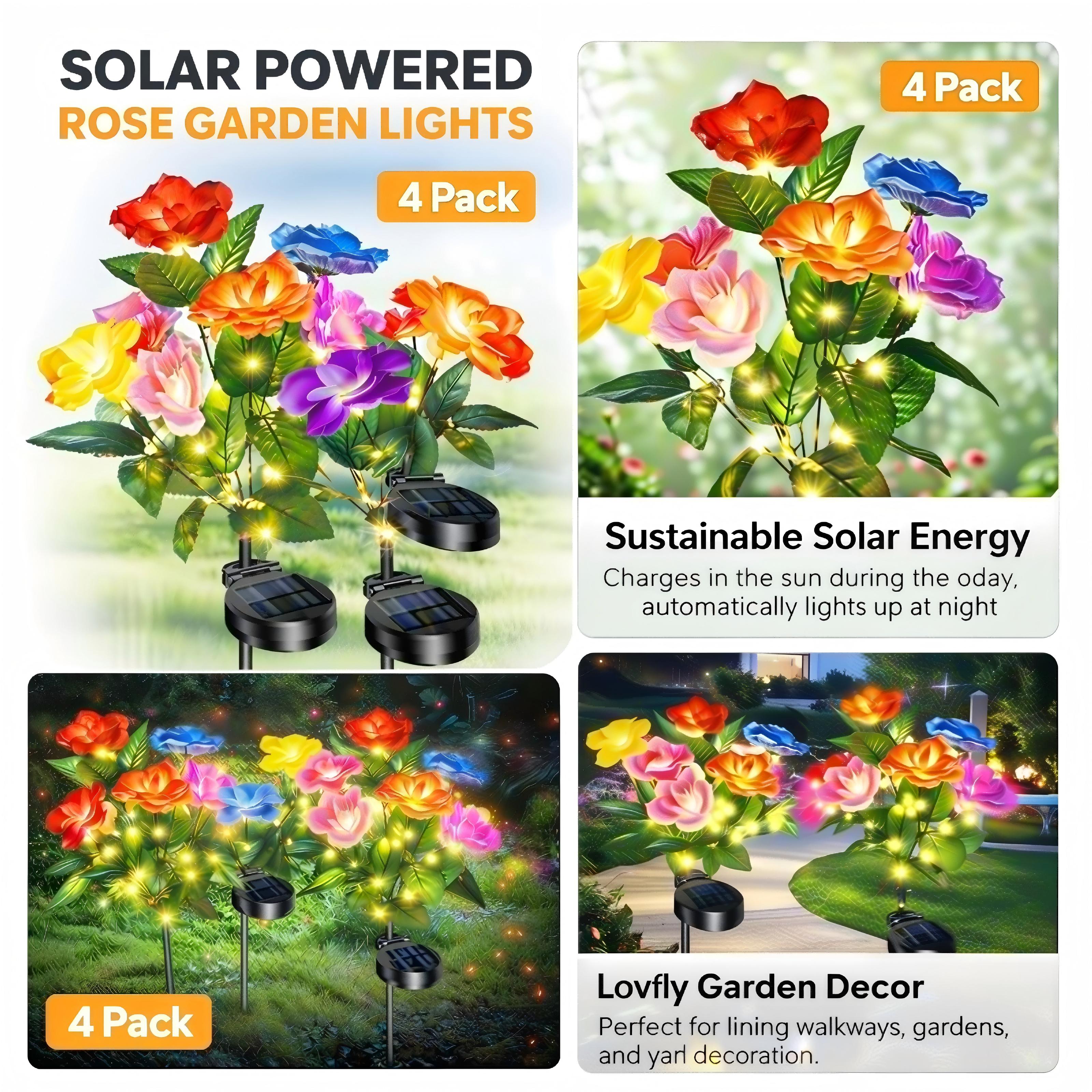 EVEDIOR 4pc Solar Simulated Garden Lights, seven-headed solar roses, a gift for mom, upgraded solar panels for Independence Day outdoor decorative lights, IP65 dustproof and waterproof, the preferred worry-free garden decorative lights.