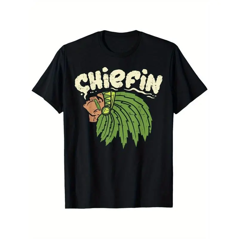 Allseason Apparel Men's Thick Smooth "Chiefin' Weed" 420 THC Smoker Birthday Gift T-Shirt - Soft Cotton, Breathable, Wrinkle-Resistant Casual Menswear Tee with Green Leaf Graphic, Straps, Sizes S-XXXL, Black Printed