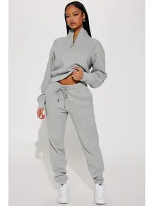 On My Own Half Zip Sweatsuit - Heather Grey Long Sleeve Pullover with Drawstring Elastic Waistband & Pockets