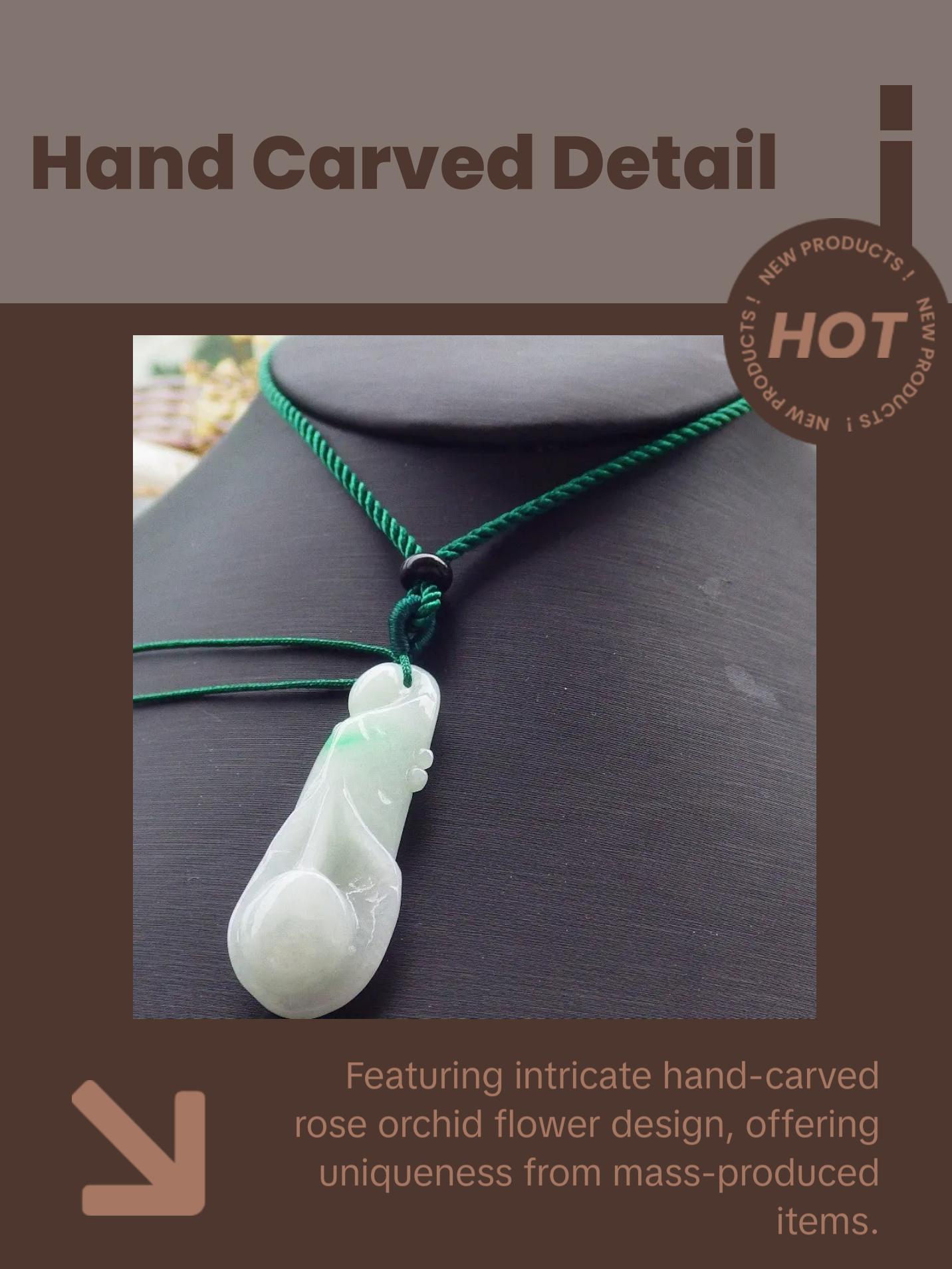 Certified Hand Carved Natural Myanmar Burma A Jade Jadeite Rose Orchid Flower Pendant Necklace