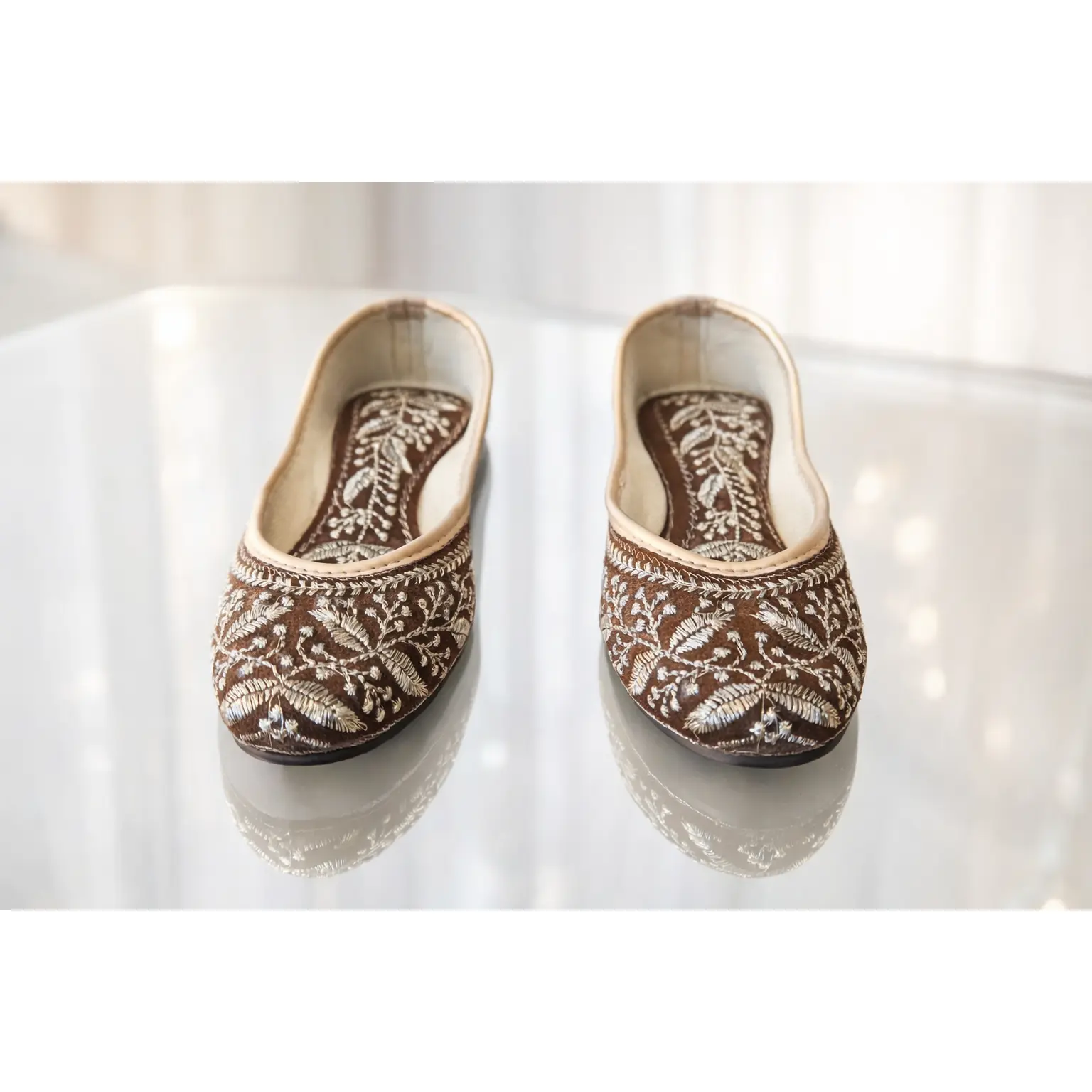 Women's Traditional Indian Ethnic Brown Thread Work Punjabi Jutti Flats - Casual Women's Footwear, Shoes