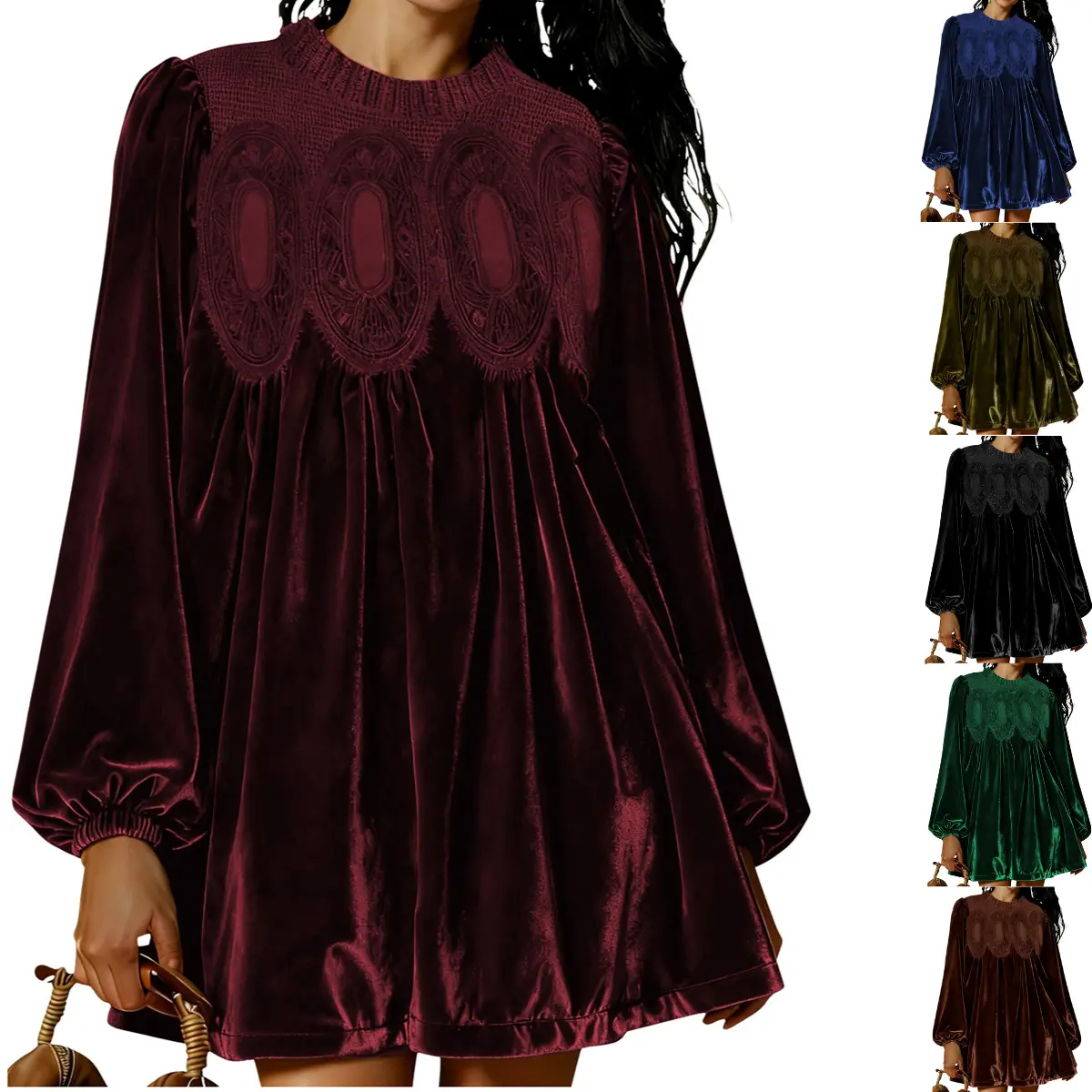 Yeokou Women's Elegant Korean Basic Velvet Long-Sleeve Babydoll Dress - A-Line Flared Skirt, Lace Scallop/Crew Neck Options, Soft Texture, Dress for Wedding Guest, Ready To Wear, Going Out OOTD Inspo