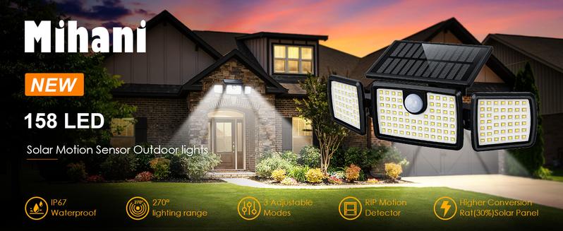 Mihani Solar  Waterproof Lights with 2500LM, 158 LEDs High Brightness, 270° Wide Angle for Yards, Patio, House, Garage