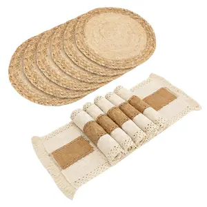 Handmade Boho Placemats Set of 6 - Natural Cotton Burlap and Water Straw Woven Combination Table Mats, Macrame Décor and Farmhouse Style Placemats, for Dining Table Kitchen