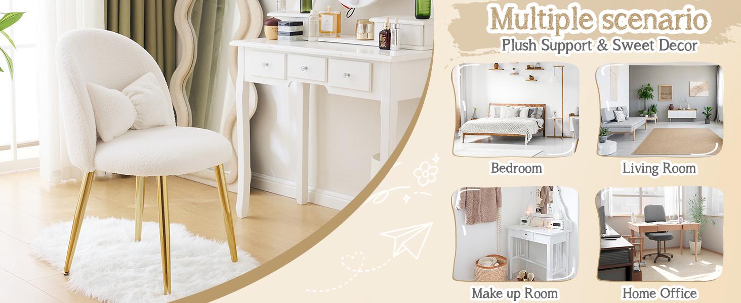 VINGLI Boucle Girls Vanity Chair with Back & Pillow,Cute Small Cozy Desk Chair No Wheels,Comfy Makeup Ch with Ajustable Gold Legs,for Bedroom,Living Room,Small Space