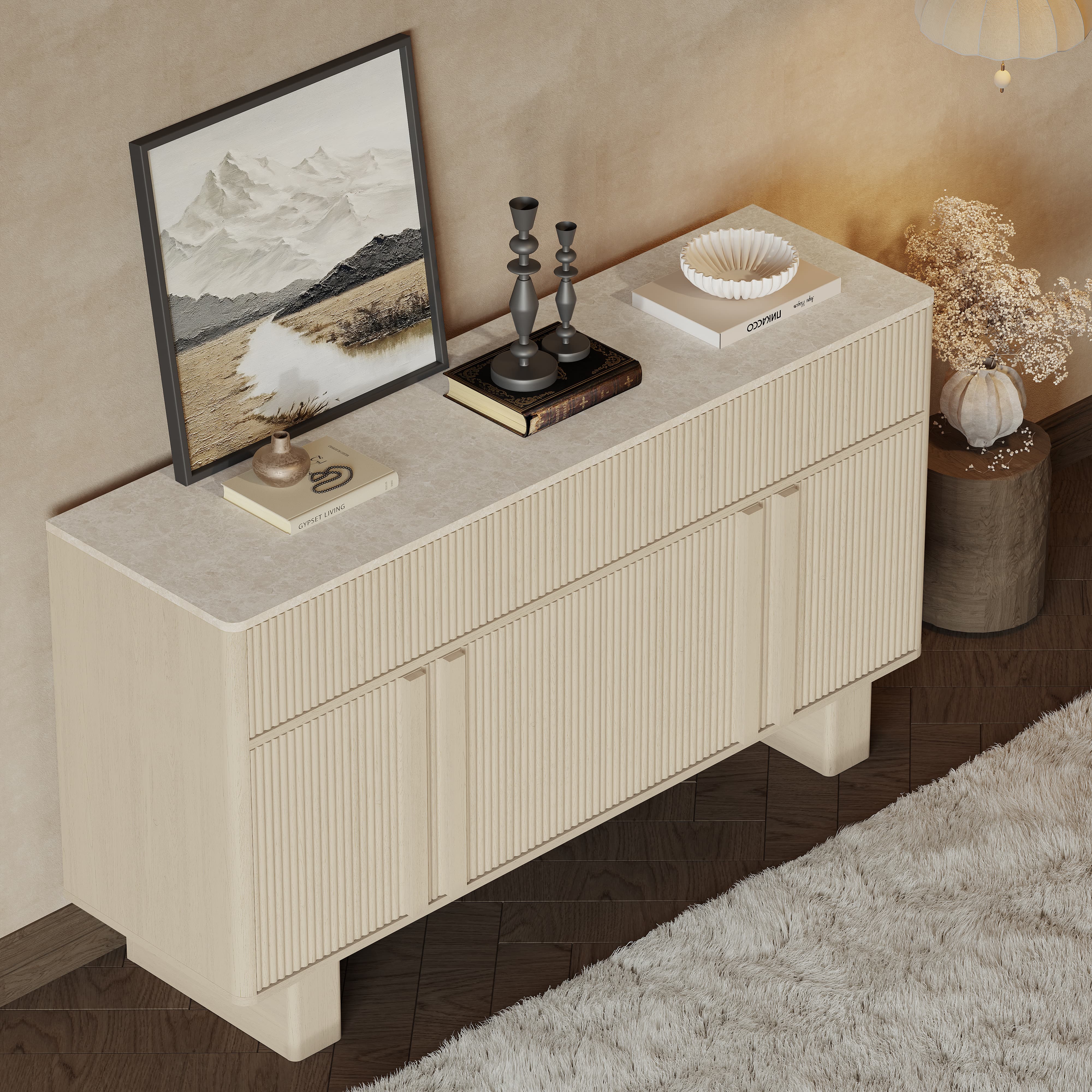 Modern Buffet Cabinet with Storage, 55" Wide Sideboard Cabinet with 3 Drawers and 4 Doors, Reinforced Wide Legs for Dining Room, Entryway & Living Room, Light Oak