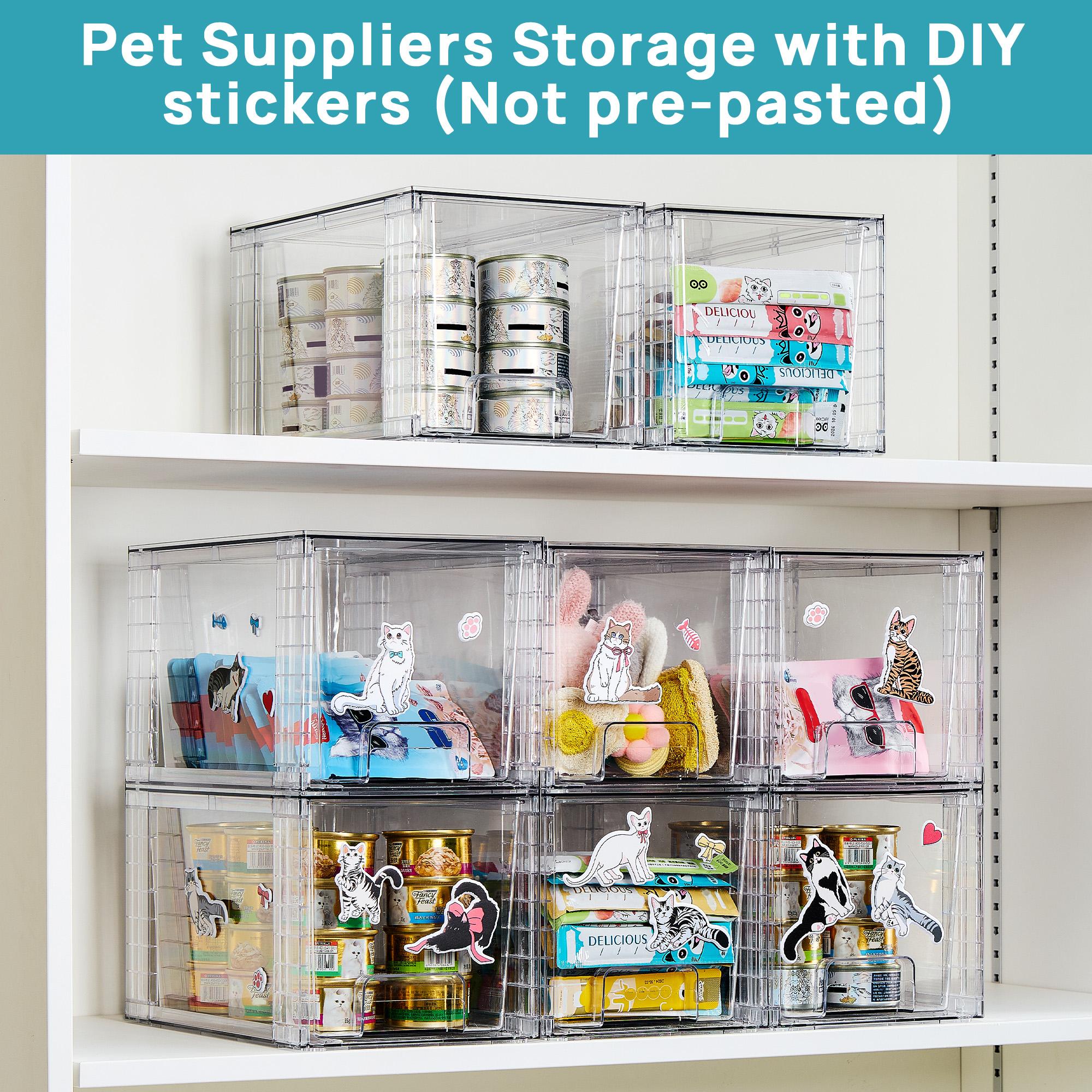 VTOPMART 6 Pack Stackable Pet Storage Drawers,Sliding Bins for Organizing Cat/Dog Food Cans, Treats & Toys, Dustproof, Transparent,Stackable to Save Space, Bonus Cute Stickers Included
