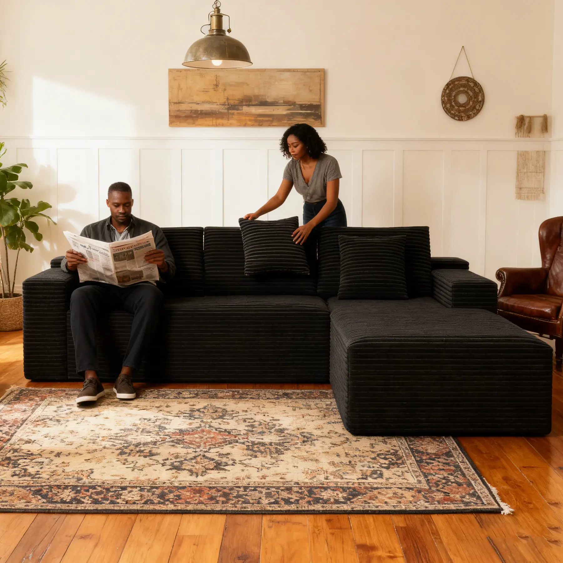 104" Black Cotton Plush Corduroy Cloud Modular L-Shaped Sofa - Boneless Sectional Couch, No-Assembly Required, Flexible Configuration, Chaise, Clean Look, Living Spaces & Apartment Furniture