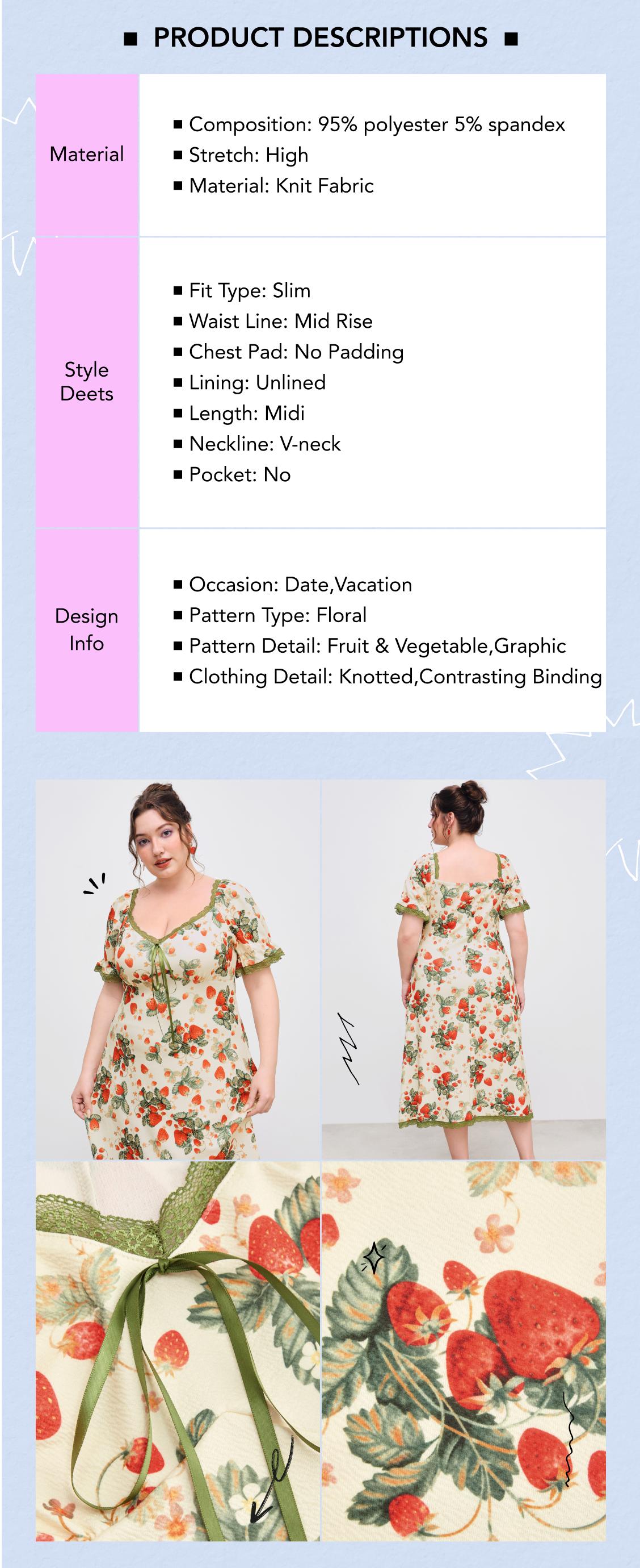 Cider [3 colors, size 0-26] Square Neck Strawberry Graphic Contrasting Lace Trim Midi Dress, Casual Fashion