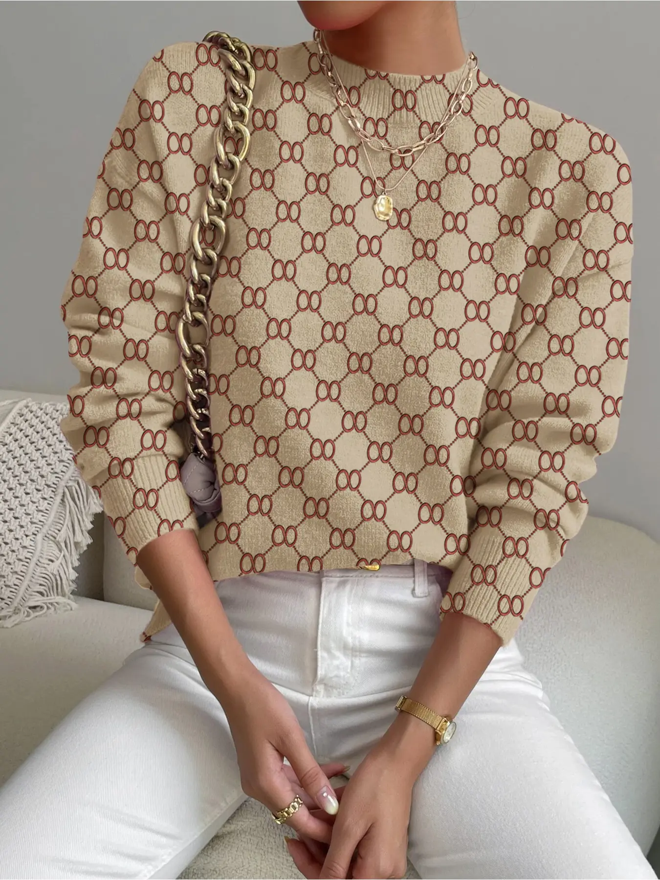 Women's Geometric Print Stand Collar Fitted Short Sweater, Casual Long Sleeve Knitwear for Fall Winter, Comfortable Warm Daily Wear Tops, Collared Knit Top, Casual Fashionable Top, Womenswear, Clothes, Piece, Casual Knitted