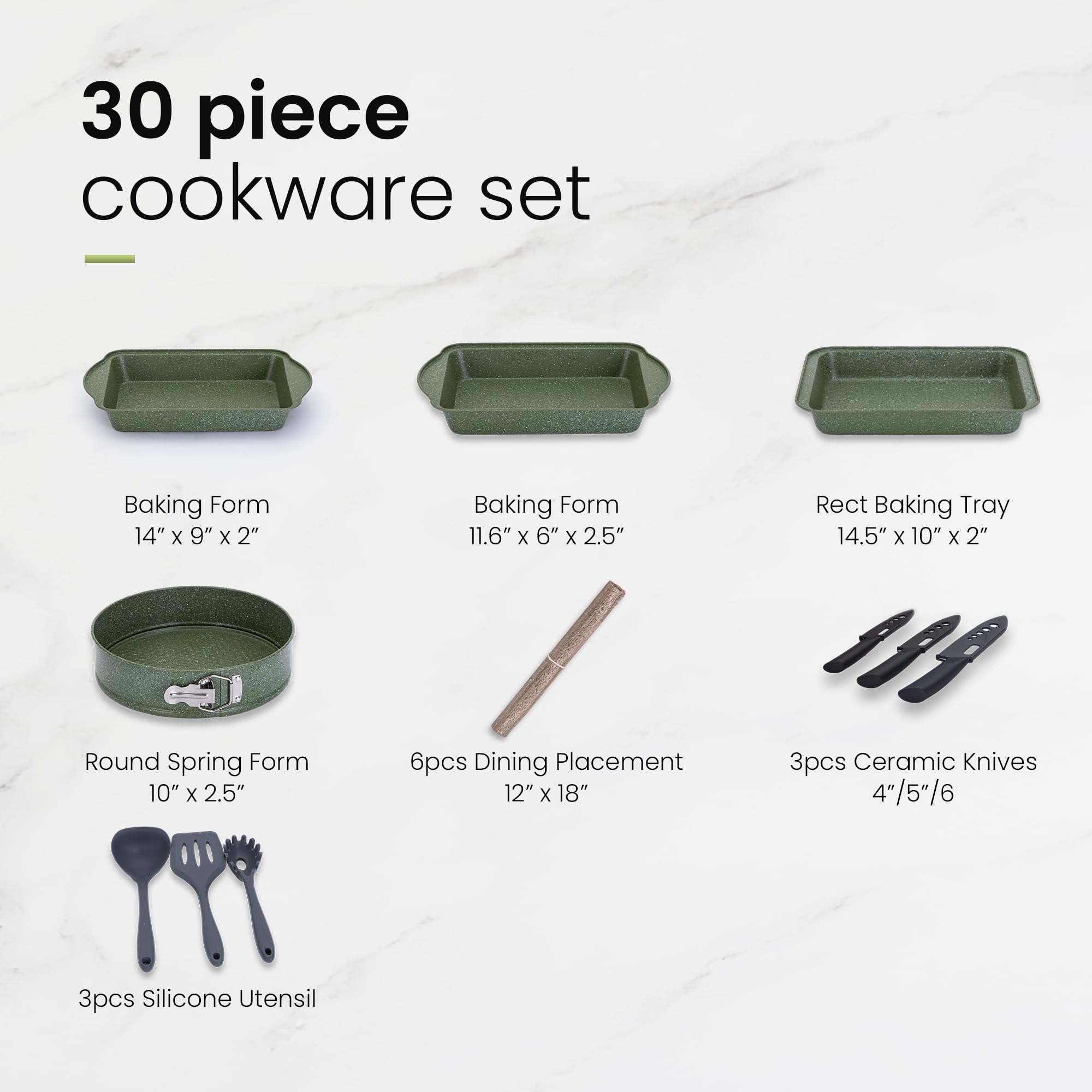 Kitchen Academy Set of 30 Pieces - Induction Cookware with Nonstick Granite Stone Coating, Includes 5 Casserole Lids, Various Woks and Frying Pans