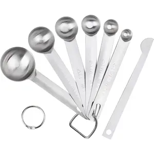 Upgrade Stainless Steel Measuring Spoons Set, Small Tablespoon, Teaspoons, Set 6 with Bonus Leveler, Etched Markings and Removable Clasp for Dry and Liquid, Fits in  Jars