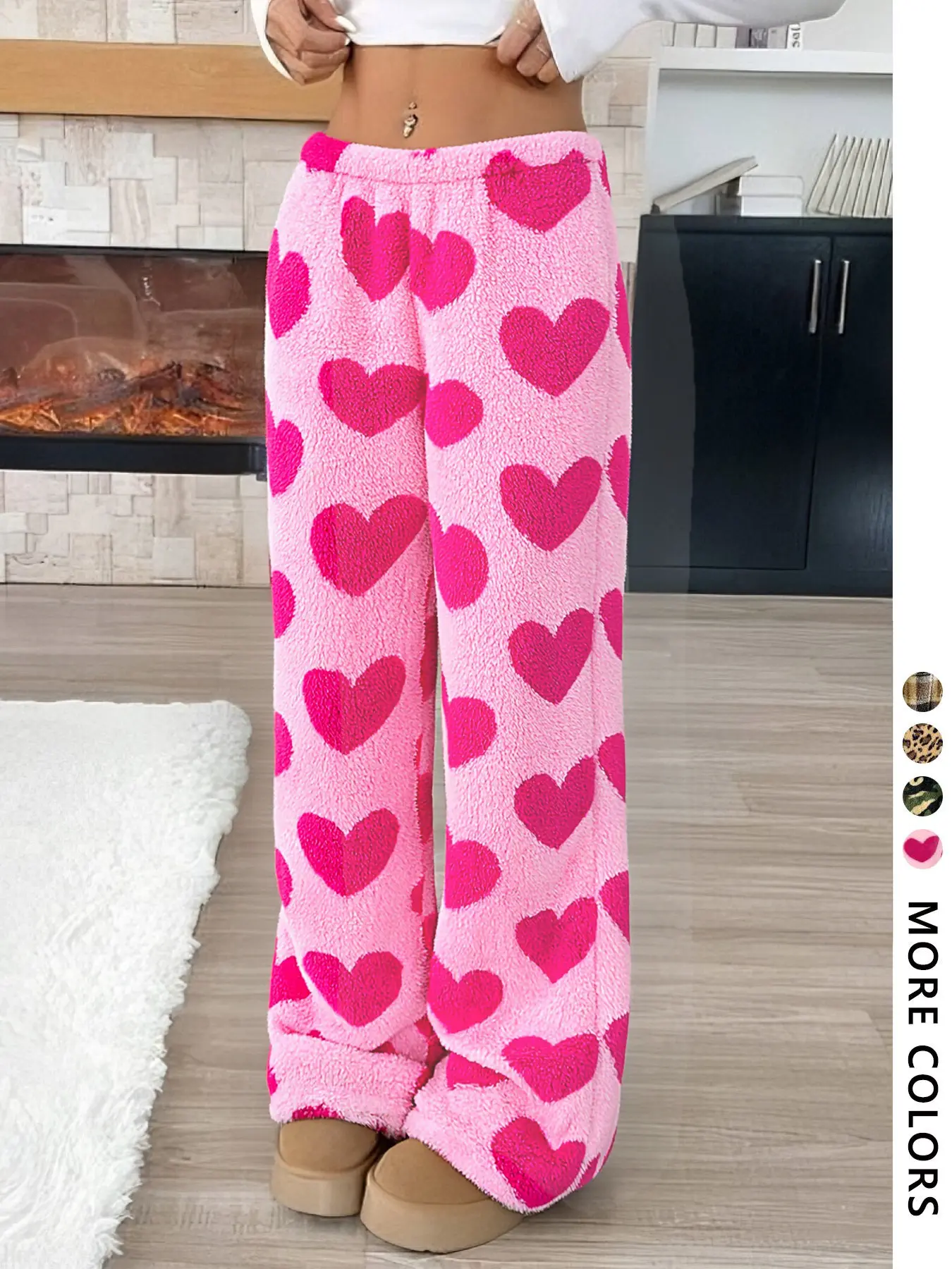 Flannel Material Fleece Lined Warm Fitted Full Print Sweatpants, Street Style Casual Fashion Womenswear, Leopard Heart Camouflage Pattern, Valentine's Day