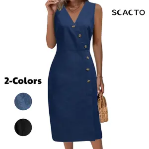 Scacto Women's Sleeveless V-Neck Denim Dress - Minimalist Plain Polyester Fabric, European American Style, Casual Wear for Summer, Thin Casual Dress