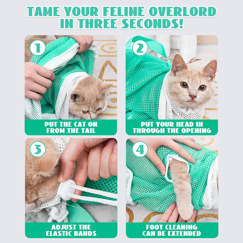 Cat Bathing Grooming Bag - Multifunctional Adjustable Breathable Restraint Shower Bag with Anti-Bite and Anti-Scratch Features in Green （Not exceeding 15.5 lb）